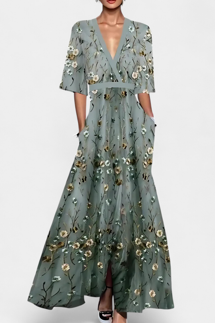 Daphne Elegant Floral Wrap Dress, view 4 - Elena Harper