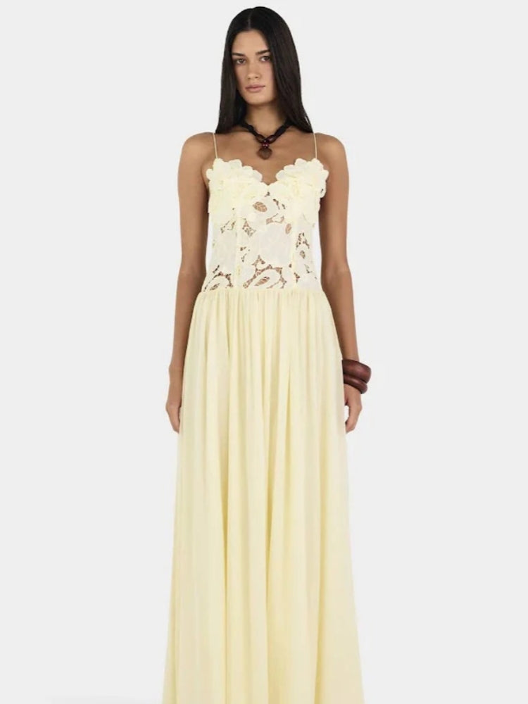 Creamy Yellow Lace Appliqué Chiffon Maxi Dress