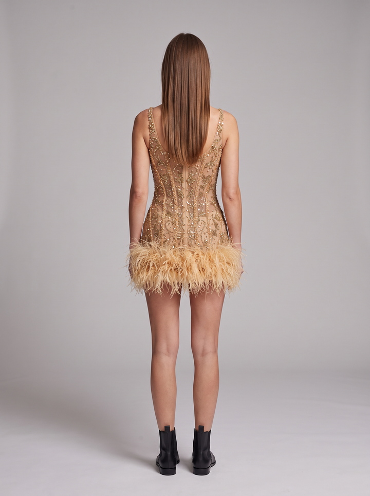 Feather Trim Sequin Mini Dress Party