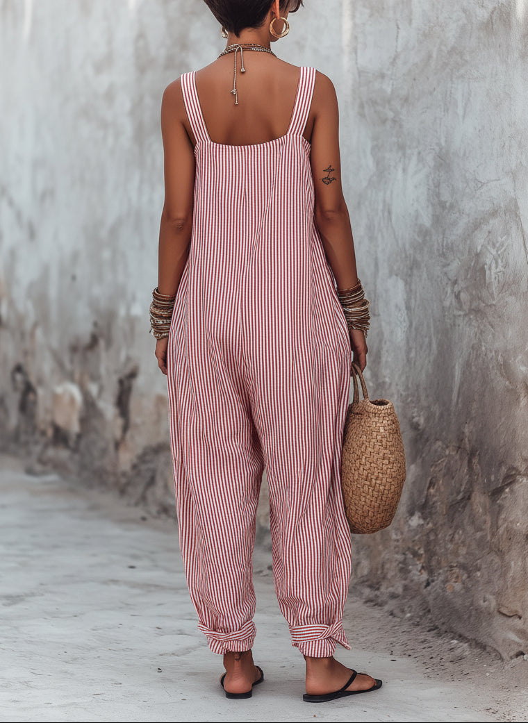 Striped Loose-Fitting Women's Jumpsuit with Square Neckline