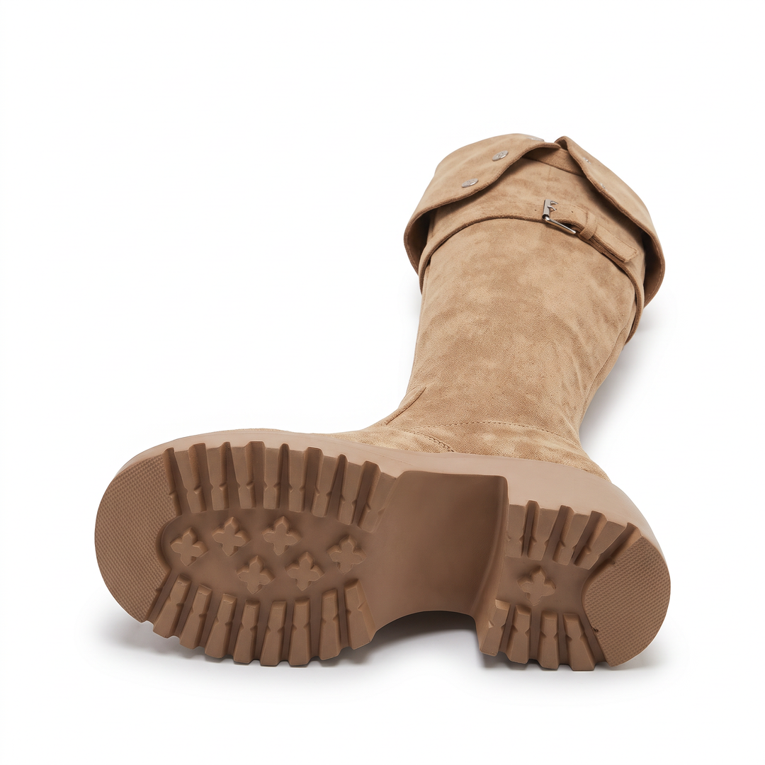 Beige Over The Knee Block Heel Boots