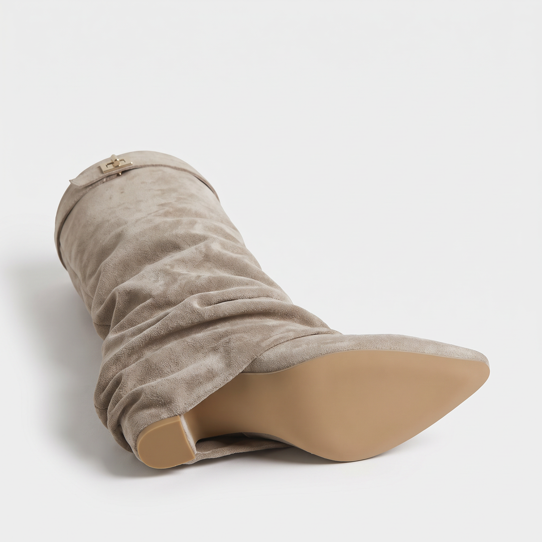 Beige Buckle Knee High Boots