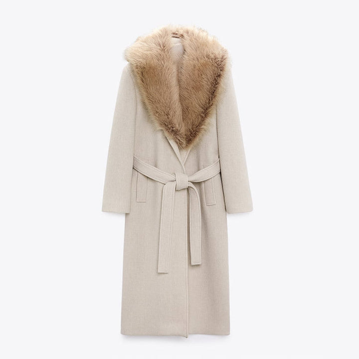 Long women's coat with wrap collar and crossover closure - Eirlys