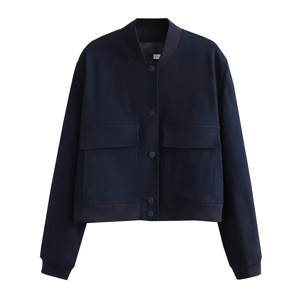 Women's Autumn Bomber Jacket with Front Pockets and Solid Color Design