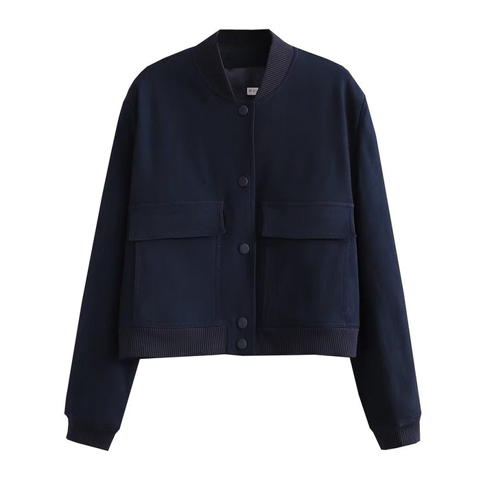 Women's Autumn Bomber Jacket with Front Pockets and Solid Color Design