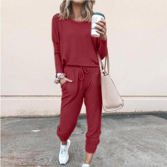 Casual Two-Piece Set for Women with Long Sleeves – Pullover Top and Drawstring Pants
