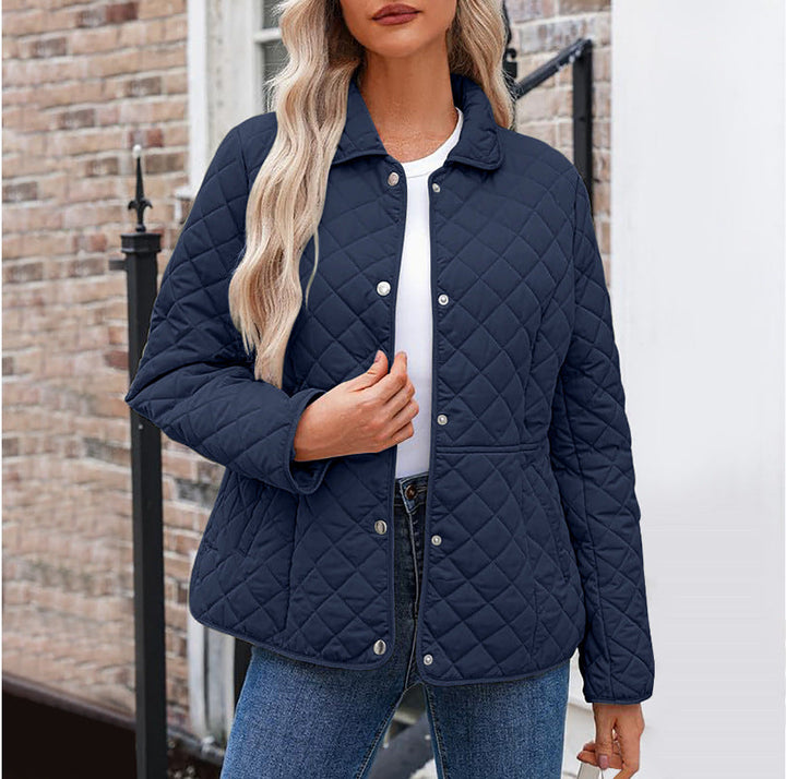 Women's Solid Quilted Jacket – Casual Style with Warm Notched Collar