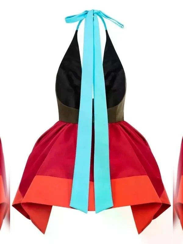 Colorblock Halter Pleated Top