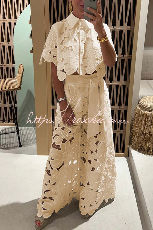 Redefining Elegance Floral Lace Cropped Shirt and Belt Pocketed Wide Leg Pants Set, view 5 - Elena Harper