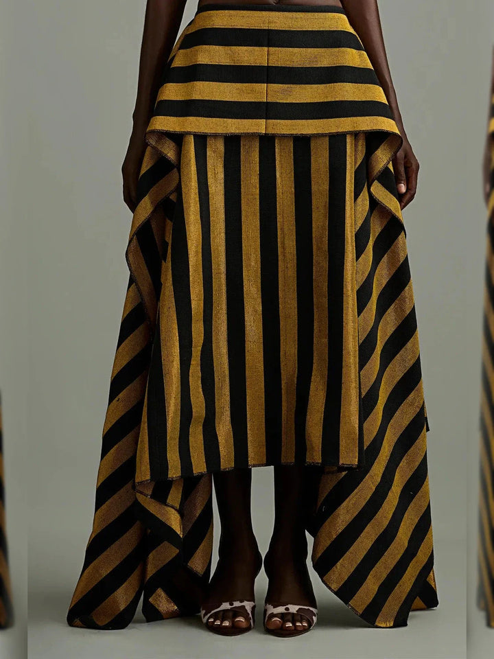 Retro Gold Black Stripe Statement Maxi Skirt