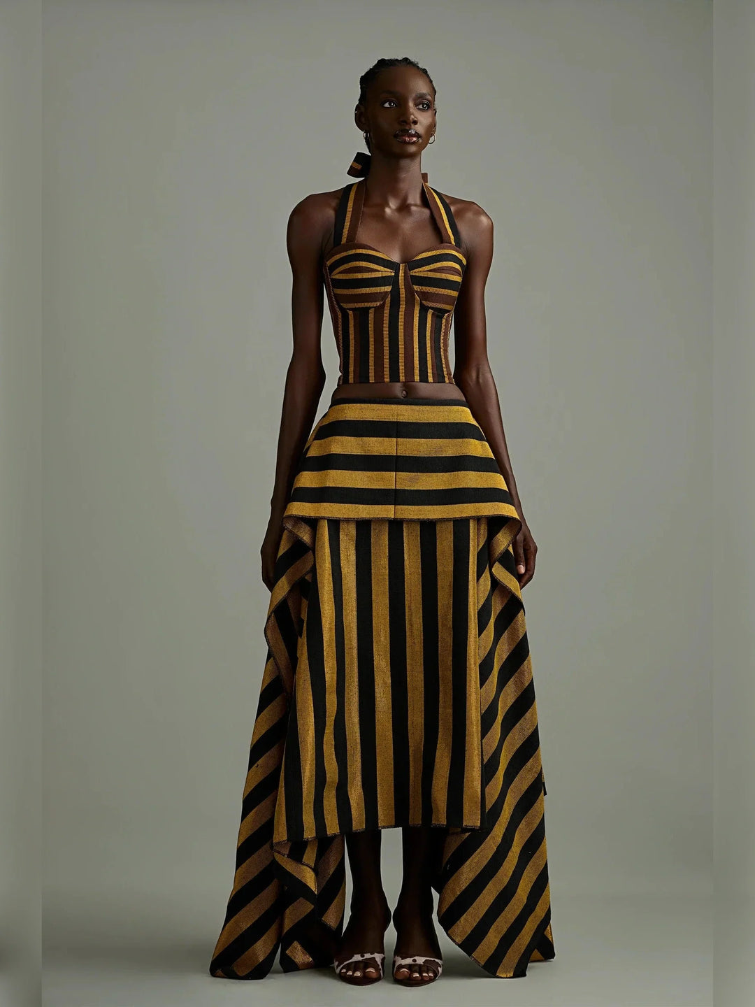 Retro Gold Black Stripe Statement Maxi Skirt