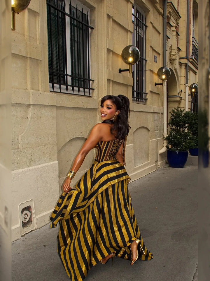 Retro Gold Black Stripe Statement Maxi Skirt