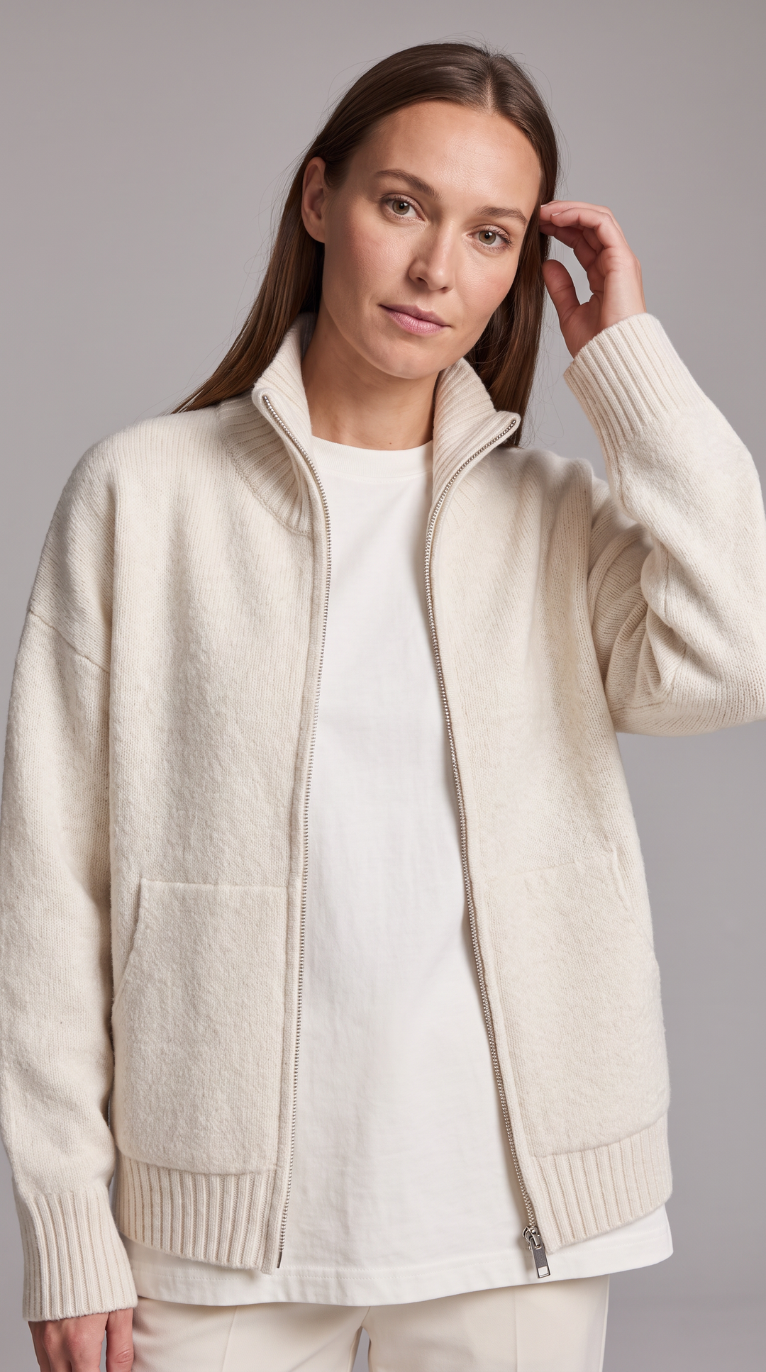 Cream High Neck Zip Cardigan