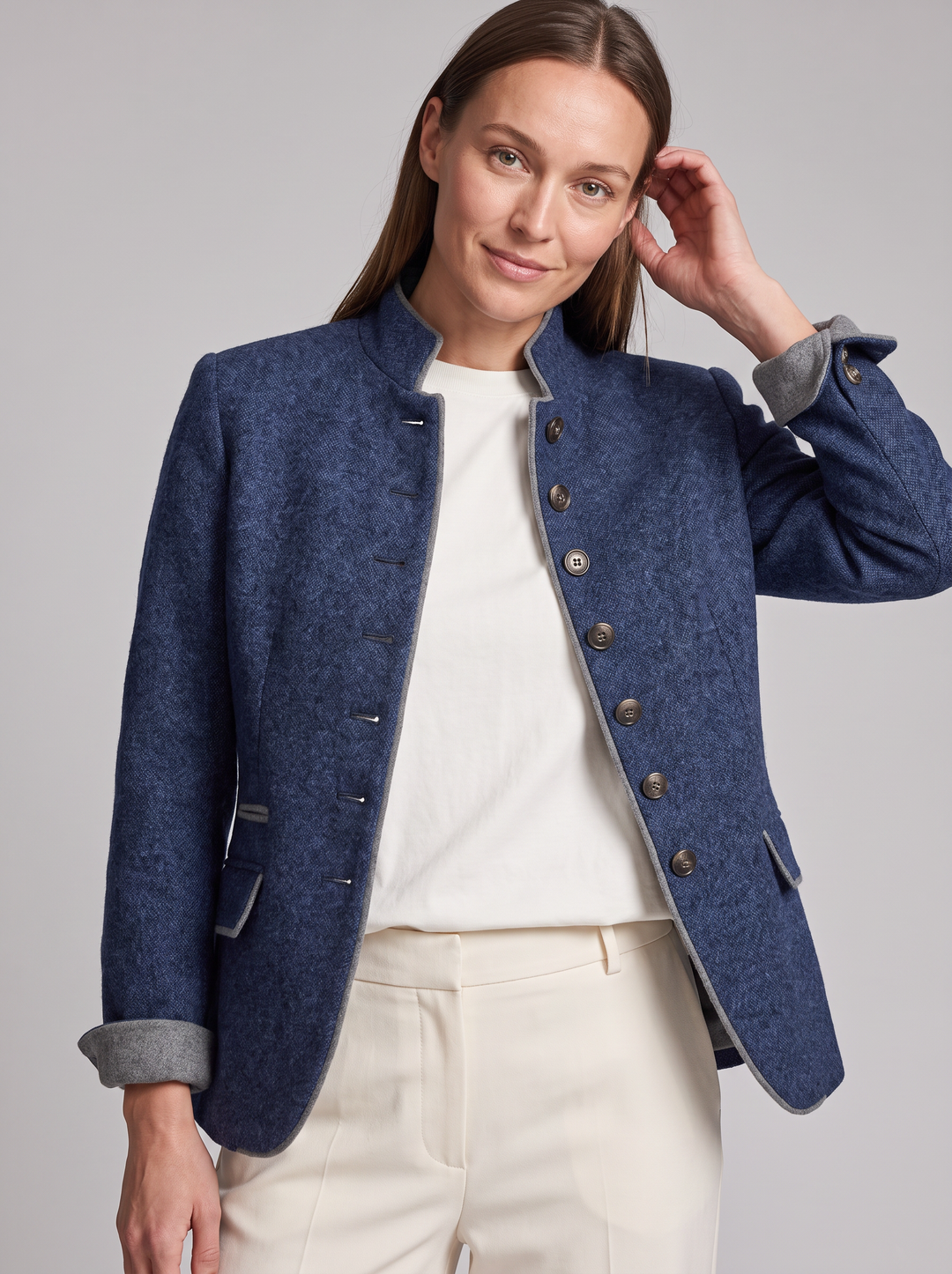 Blue Button Placket Cardigan Office Style