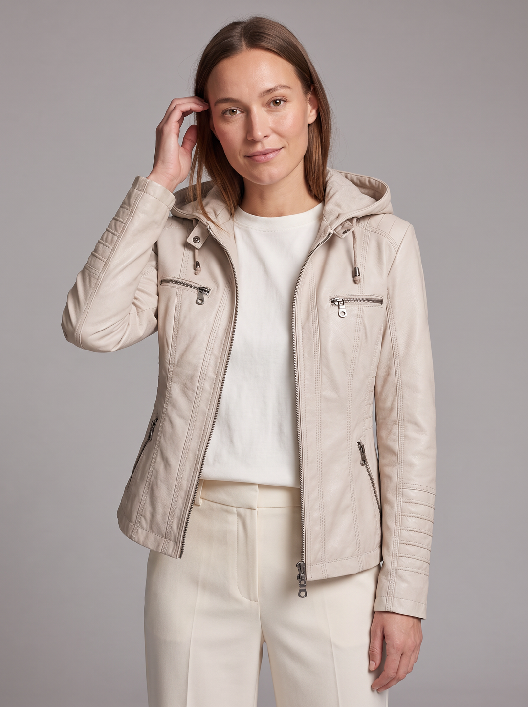 Detachable Hood Faux Leather Jacket