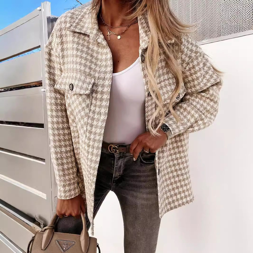 Women's Houndstooth Wool Coat - Chic and Structured