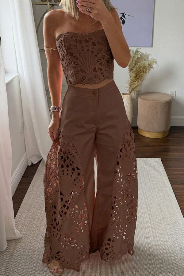 Sienna Embroidered Cut-Out Palazzo Pants Two-Piece Set - Elena Harper