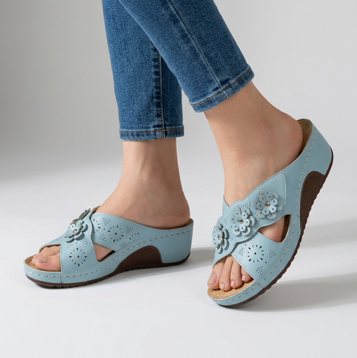Amycca Comfortable Wedge Slippers with Floral Applications, view 3 - Elena Harper