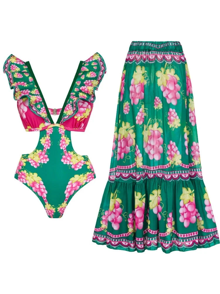 Ruffled Cutout One-Piece Maxi Skirt Set