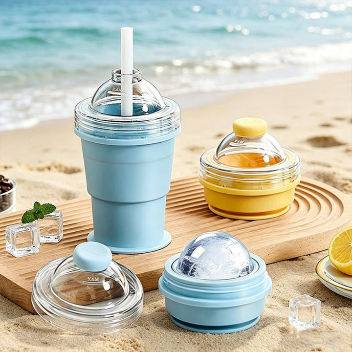 Foldable Silicone Ice Ball Cup with 2-in-1 Ice Mold and Travel Bottle