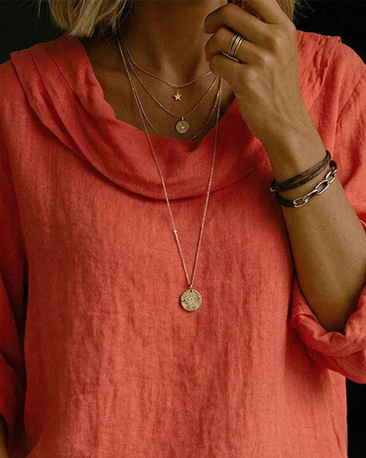 Women's Cotton Blouse with Folded Collar, Long Sleeves, Classic Fit