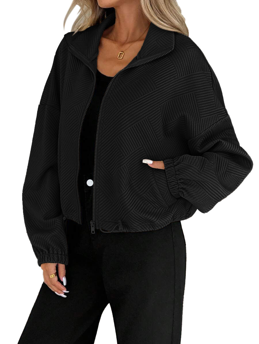 Women's High Collar Zip Jacket – Loose Fit, Drawstring Hem, Casual Autumn-Winter Style