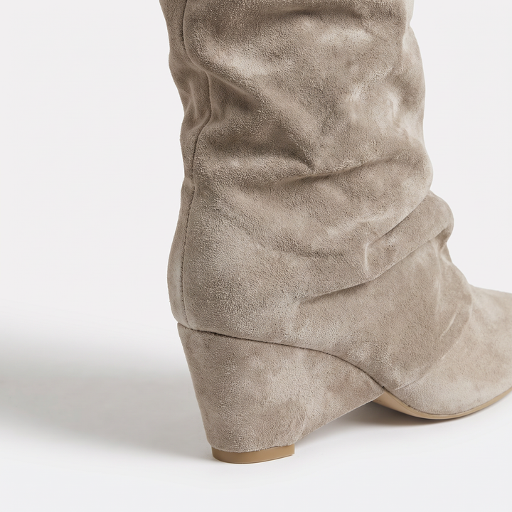 Beige Buckle Knee High Boots