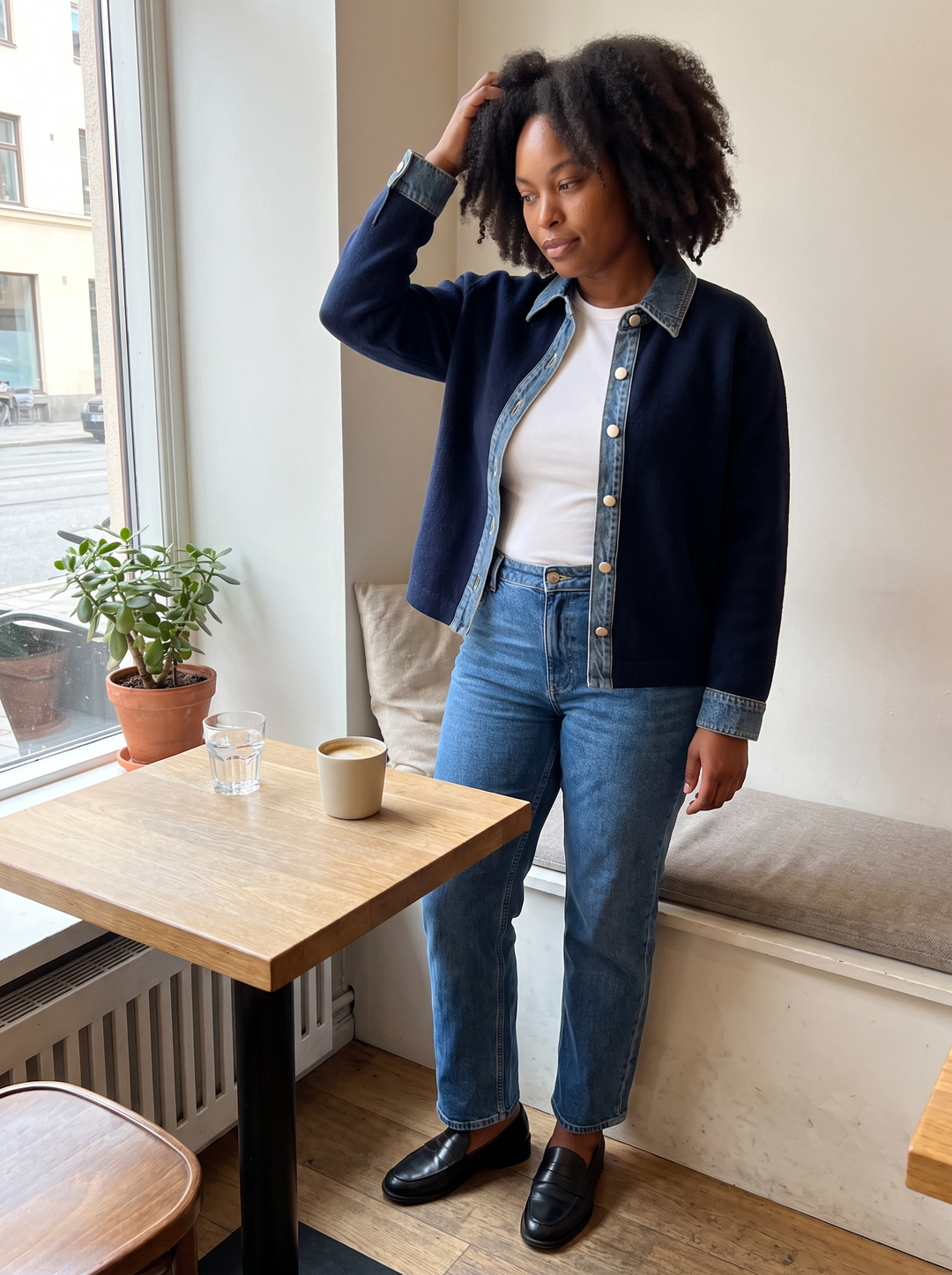 Navy Denim Collar Gold Button Cardigan