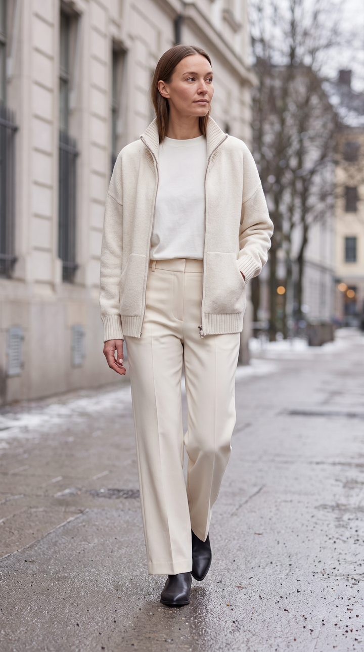 Cream High Neck Zip Cardigan