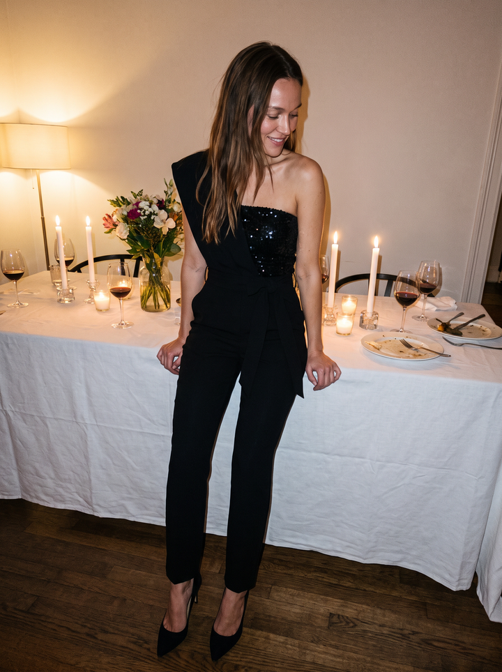 One Shoulder Textured Jumpsuit Evening Party