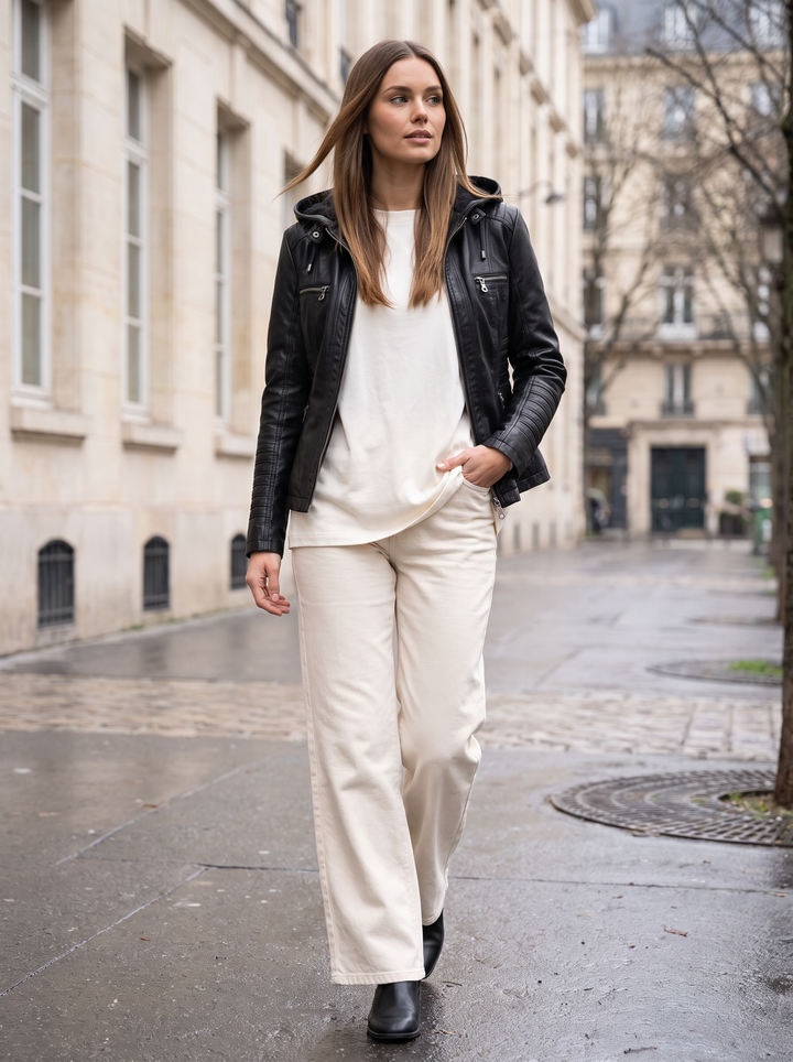 Faux Leather Hooded Zip Up Jacket