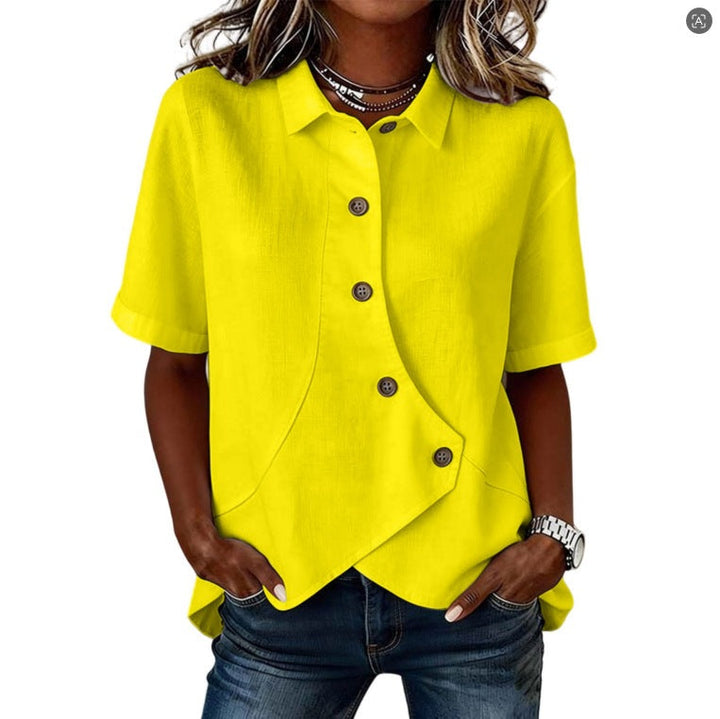 Women's Solid Color Shirt with Asymmetrical Buttoning and Short Sleeves