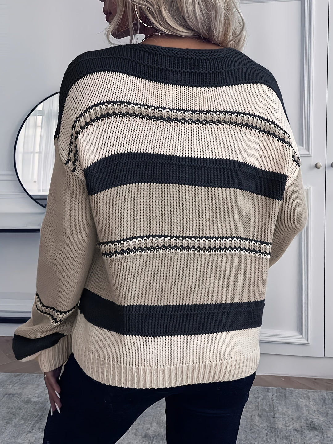 Rosemary Colour-Block V-Neck Sweater, view 9 - Elena Harper