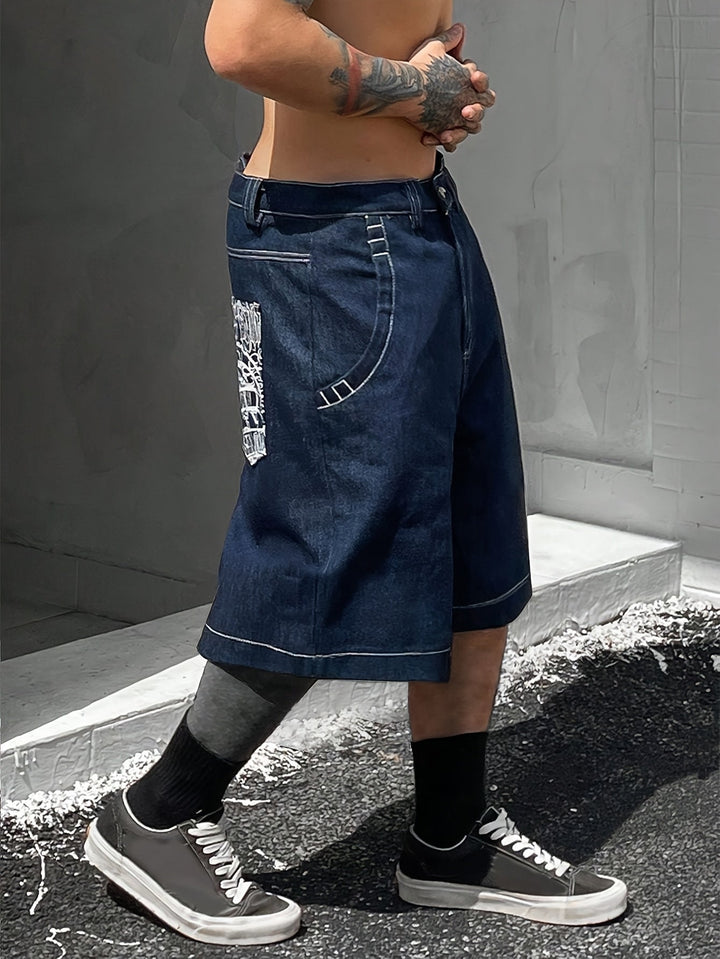 Casual Denim Bermuda Shorts – Loose Fit with Elegant Floral Embroidery