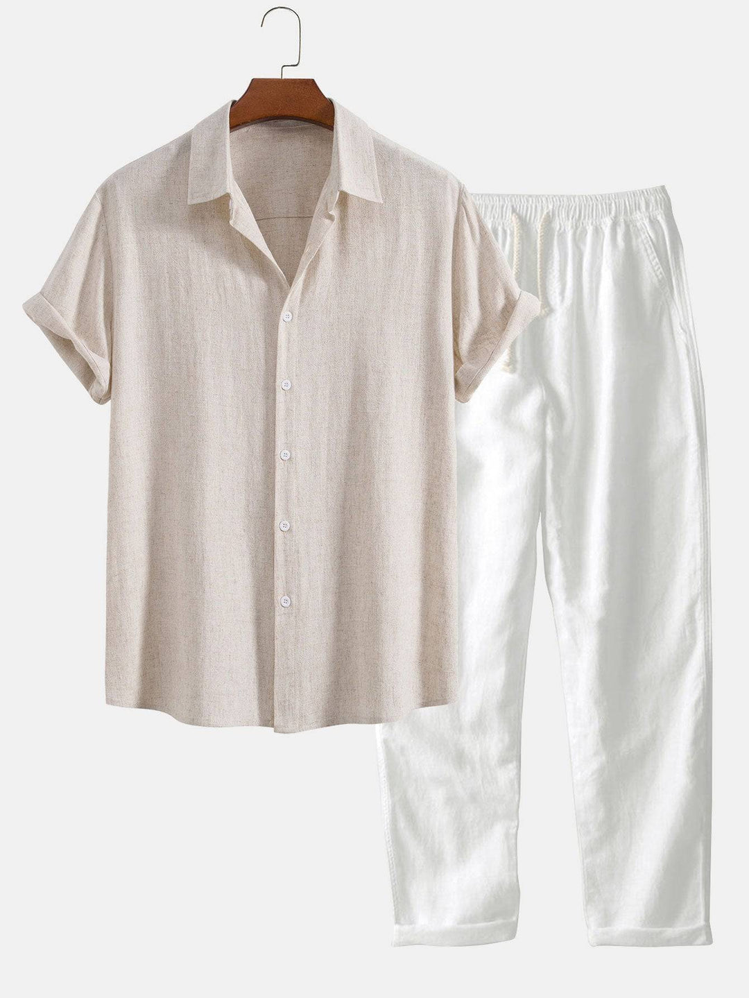 Beige Reinier™ short-sleeved summer set by Emma & Rose Manhattan, featuring lightweight fabric and casual style.
