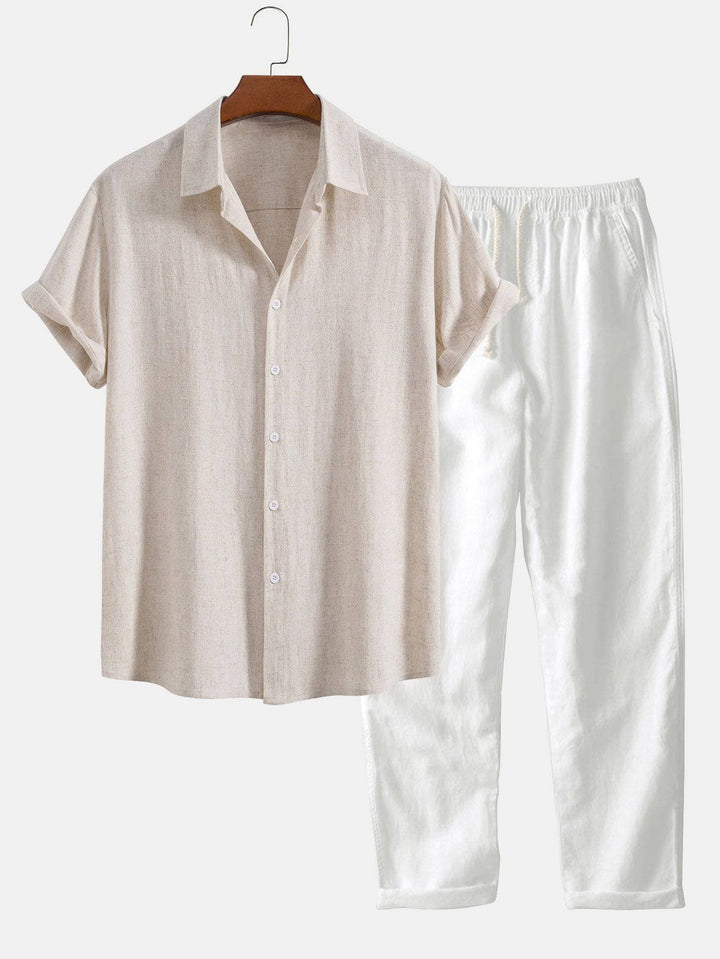 Beige Reinier™ short-sleeved summer set by Emma & Rose Manhattan, featuring lightweight fabric and casual style.