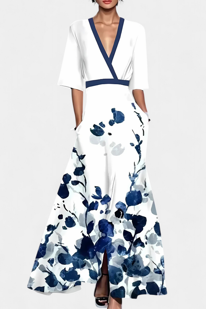 Daphne Elegant Floral Wrap Dress, view 5 - Elena Harper