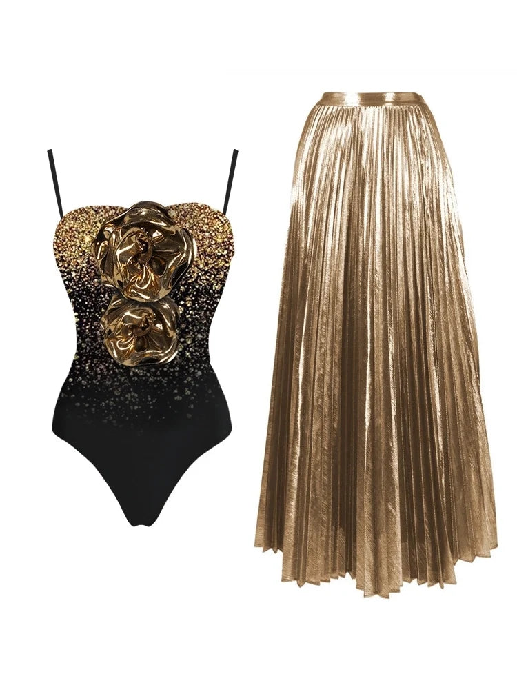 One Shoulder Print and Floral Strapless Set, view 7 - Elena Harper