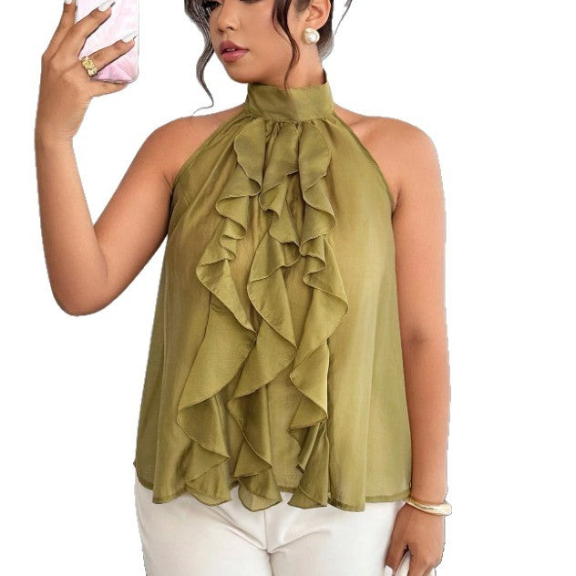 Plus Size Women's Halter Neck Top with Ruffled Hem