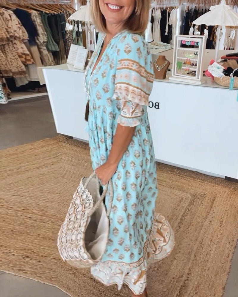 Elizabeth | Women's Boho Printed Tassel Tie Midi Dress