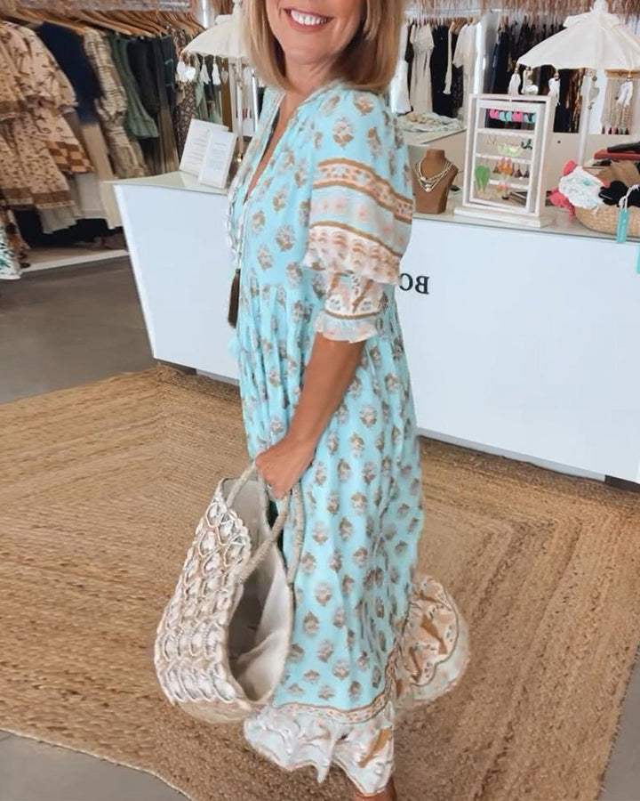 Elizabeth | Women's Boho Printed Tassel Tie Midi Dress
