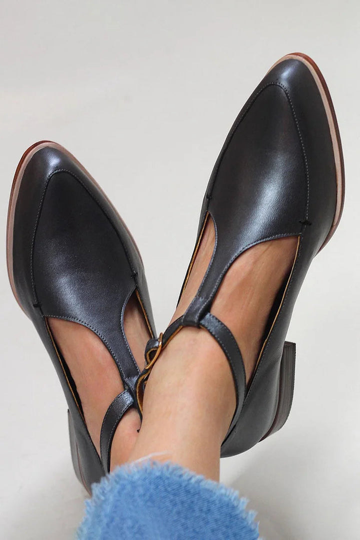 Women's Leather-Look Pointed T-Bar Low-Heel Shoes – Sofia