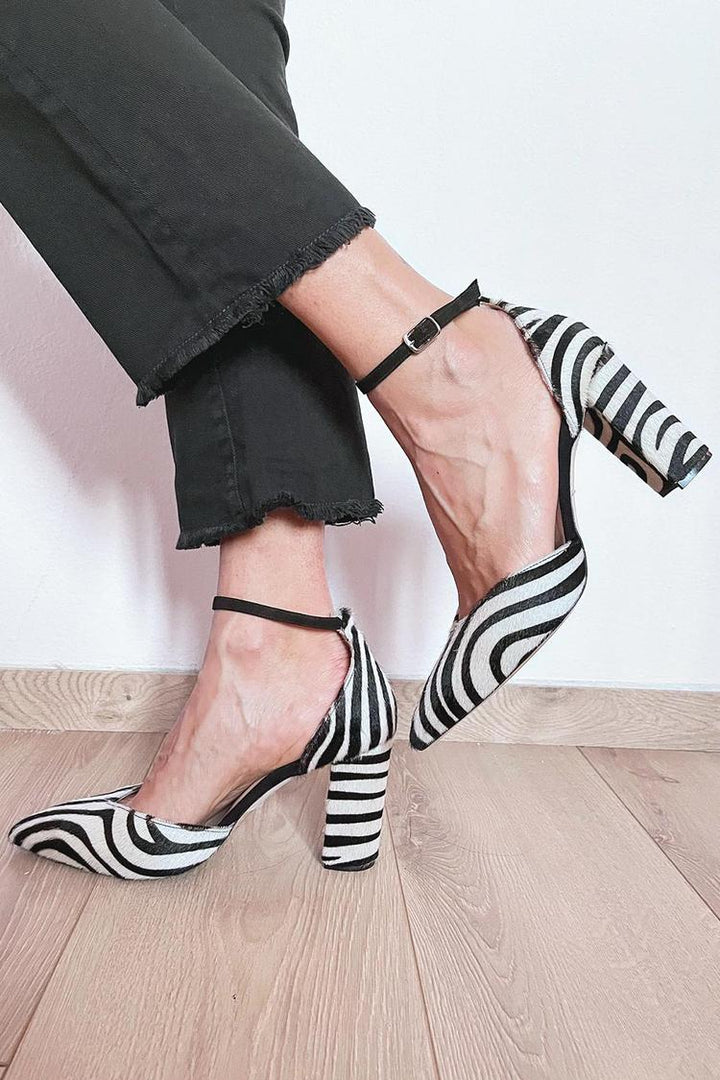 Quinn Zebra Print Ankle Strap Heels - Elena Harper
