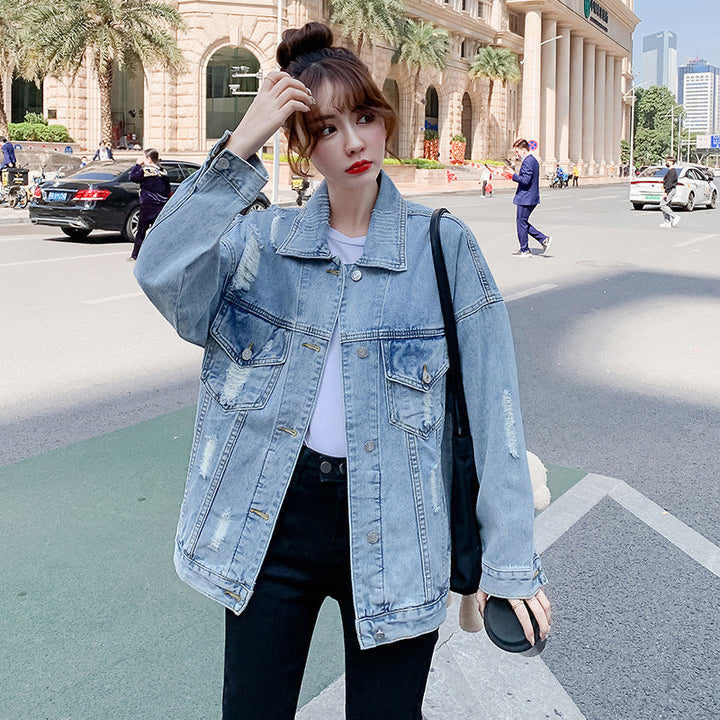 Women's Plus Size Denim Jacket with Embroidery and Long Sleeves