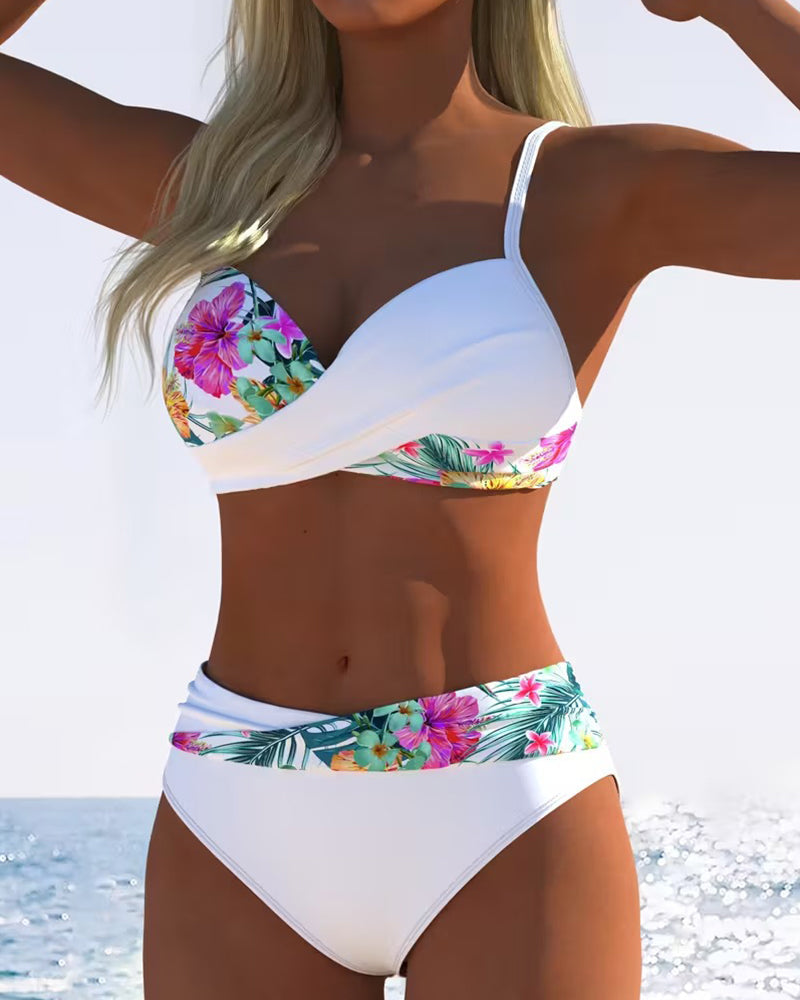 Women’s Floral Contrast Bikini with Elegant Thin Straps