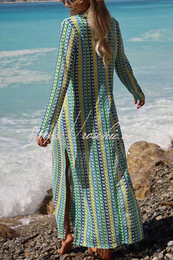 Eleanor Knit Colorful Wave Unique Print Shirt U-neck Long Sleeve Slit Maxi Dress