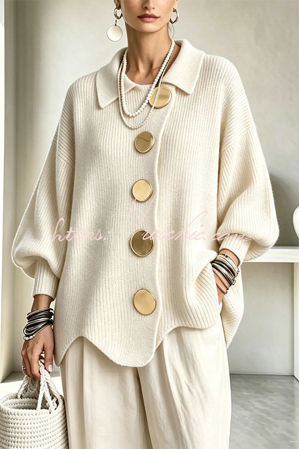 Shelia Knit Oversized Metal Buckle Balloon Sleeve Lapel Cardigan (Shipped Within 24 Hours) - Elena Harper