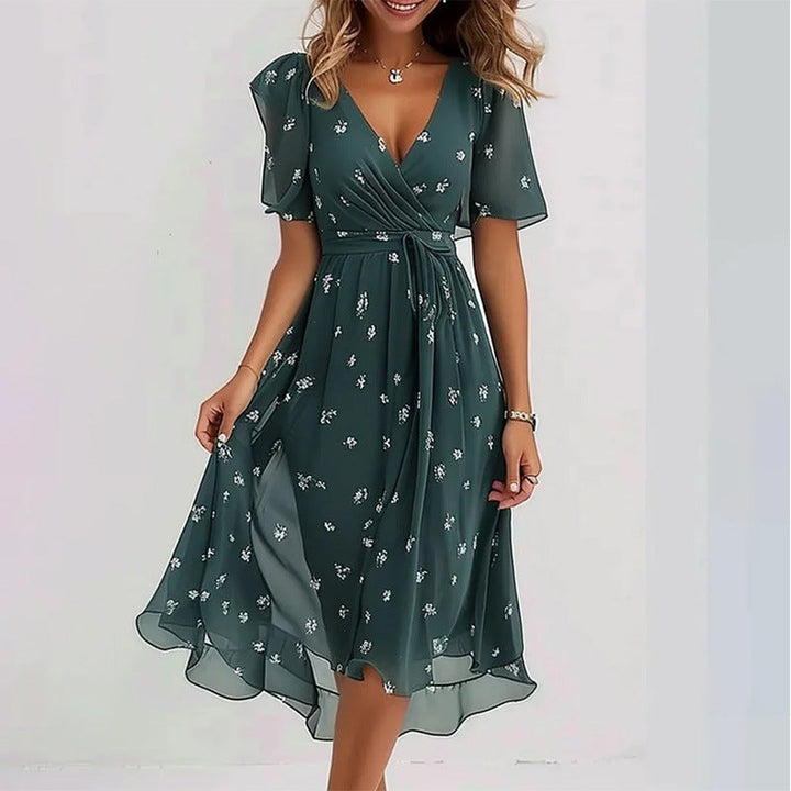 Women's Midi Floral Wrap Dress – A-Line Style with Short Sleeves