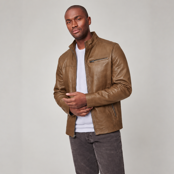 Men's Moto Jacket Stand Collar Zip Front with Side Pockets