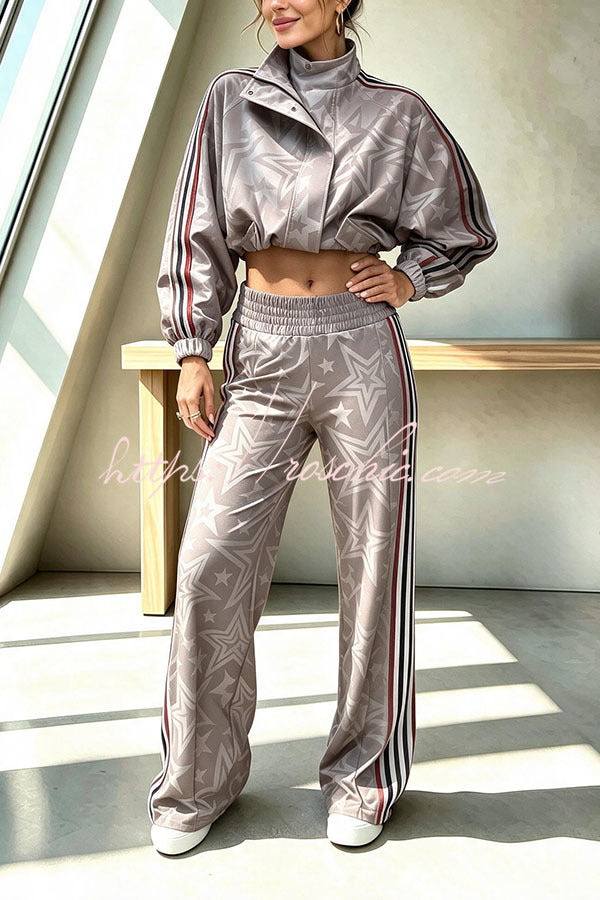 Rylee Colorblock Striped Star Print Zipper High Neck Pocket Sporty Jacket, view 6 - Elena Harper